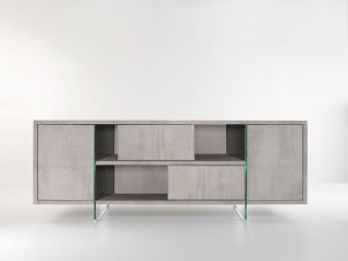 Buffet/Meuble TV design MADY 180cm gris béton  portes coulissantes et piètement en verre